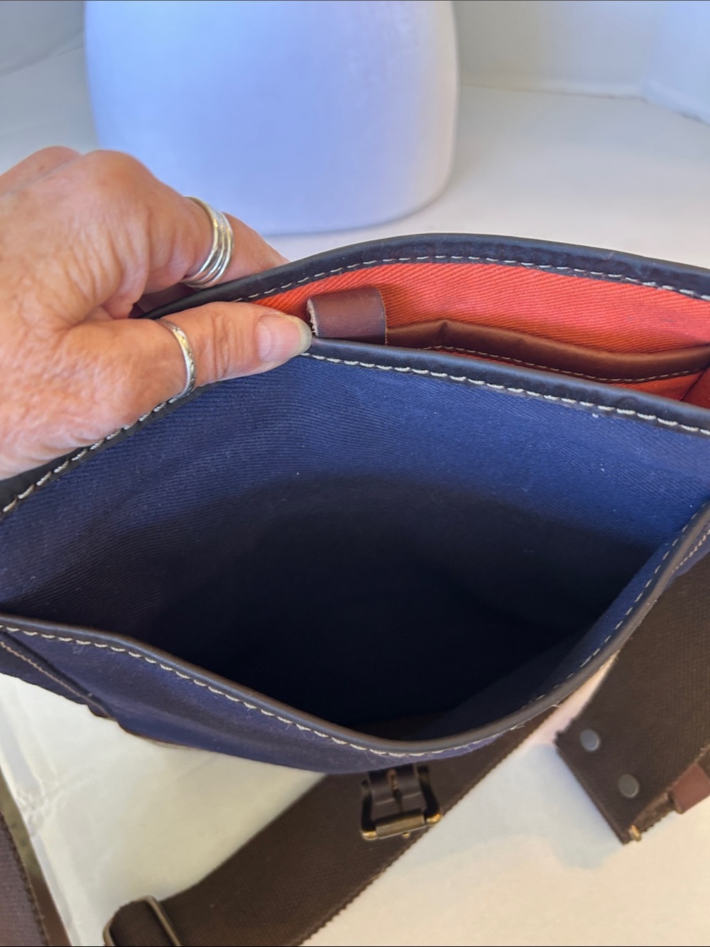 COLE HAAN BLUE CANVAS AND BROWN LEATHER  CARRY SATCHEL /MESSENGER BAG - Picture 12 of 16